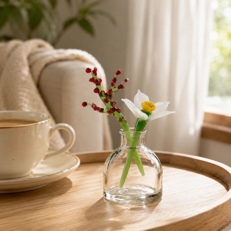 Mini December White Narcissus & Holly Glass Vase Set – Handmade 3-Piece Keepsake (5) Mini December White Narcissus & Holly Glass Vase Set – Handmade 3-Piece Keepsake (5)