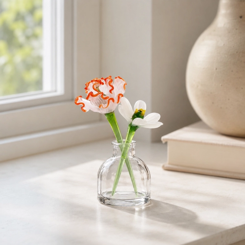 Mini January Birth Flower Vase Set – Handmade Glass Carnation & Snowdrop (3) Mini January Birth Flower Vase Set – Handmade Glass Carnation & Snowdrop (3)