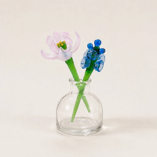 Mini July Water Lily & Larkspur Vase Arrangement – Handmade 3-Piece Set