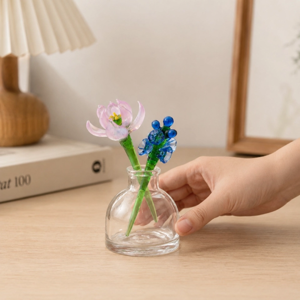 Mini July Water Lily & Larkspur Vase Arrangement – Handmade 3-Piece Set (2) Mini July Water Lily & Larkspur Vase Arrangement – Handmade 3-Piece Set (2)