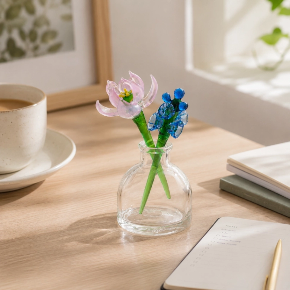 Mini July Water Lily & Larkspur Vase Arrangement – Handmade 3-Piece Set (3) Mini July Water Lily & Larkspur Vase Arrangement – Handmade 3-Piece Set (3)