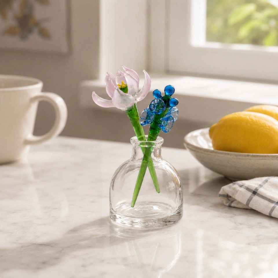 Mini July Water Lily & Larkspur Vase Arrangement – Handmade 3-Piece Set (4) Mini July Water Lily & Larkspur Vase Arrangement – Handmade 3-Piece Set (4)