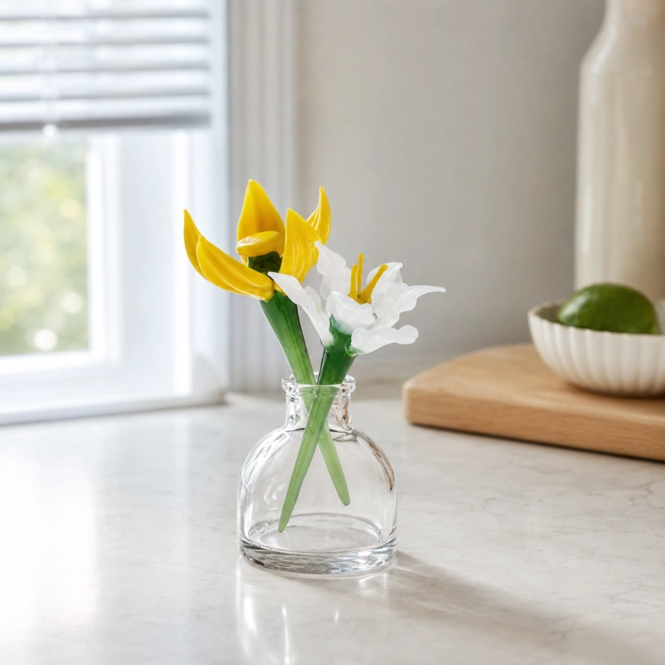 Mini March Flower Vase – Handmade Glass Yellow Jonquil & White Narcissus, 3-Piece Set (2)