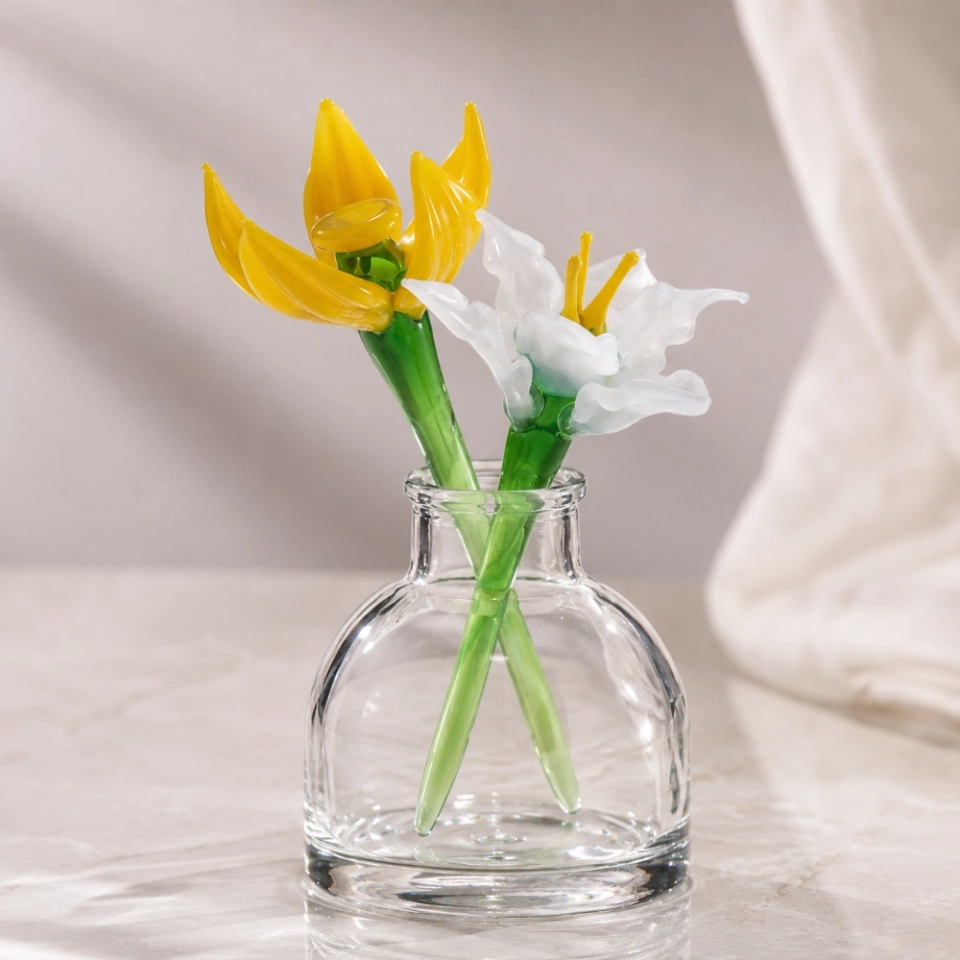 Mini March Flower Vase – Handmade Glass Yellow Jonquil & White Narcissus, 3-Piece Set (3) Mini March Flower Vase – Handmade Glass Yellow Jonquil & White Narcissus, 3-Piece Set (3)