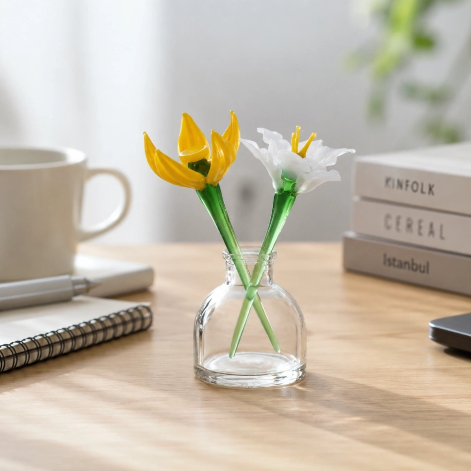 Mini March Flower Vase – Handmade Glass Yellow Jonquil & White Narcissus, 3-Piece Set (5)