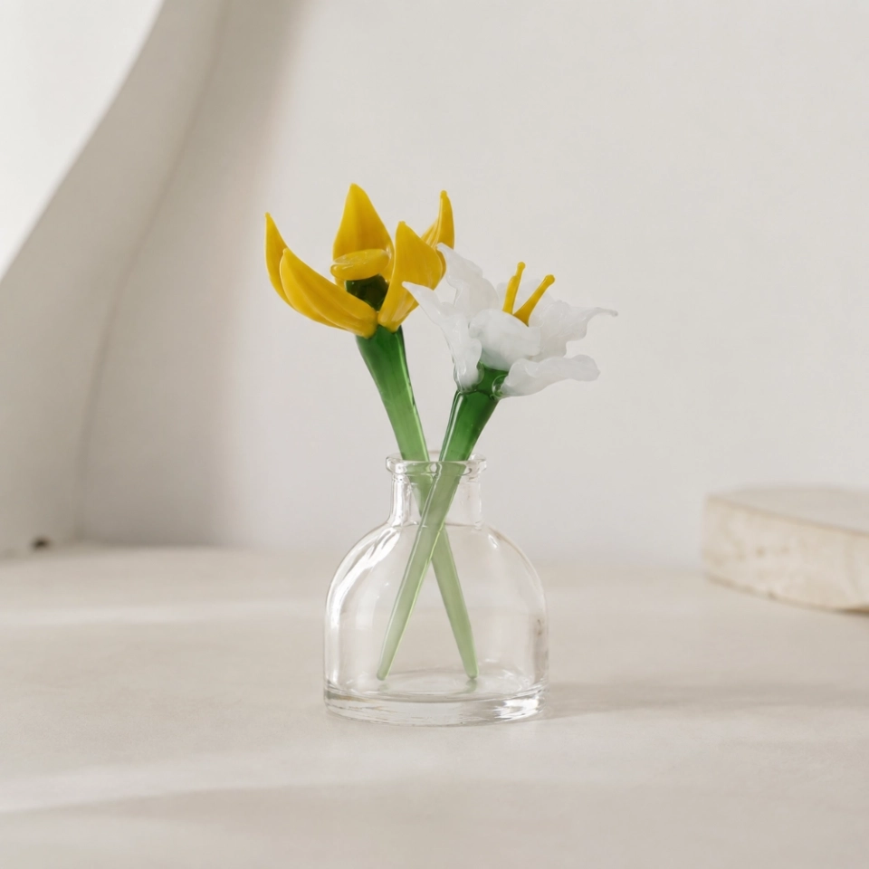 Mini March Flower Vase – Handmade Glass Yellow Jonquil & White Narcissus, 3-Piece Set (6)