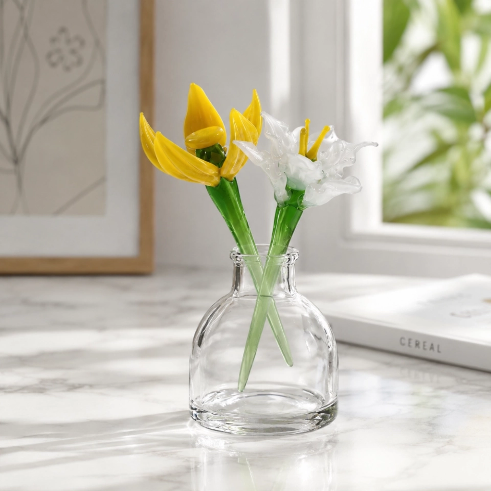 Mini March Flower Vase – Handmade Glass Yellow Jonquil & White Narcissus, 3-Piece Set (7)
