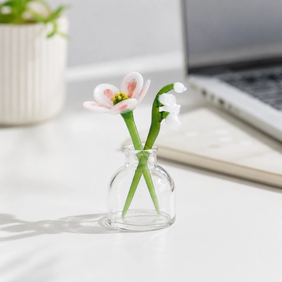 Mini May Glass Flower Vase – Handmade Camellia & Lily of the Valley, 3-Piece Set (2)