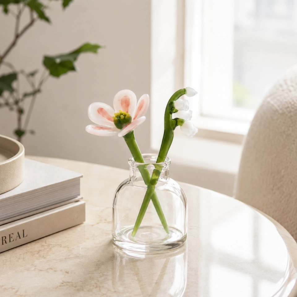 Mini May Glass Flower Vase – Handmade Camellia & Lily of the Valley, 3-Piece Set (5)