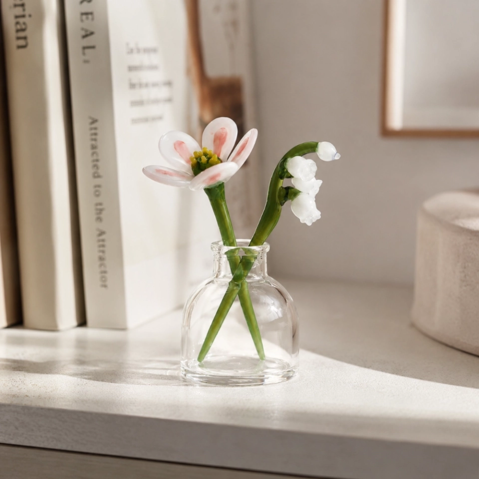 Mini May Glass Flower Vase – Handmade Camellia & Lily of the Valley, 3-Piece Set (6)