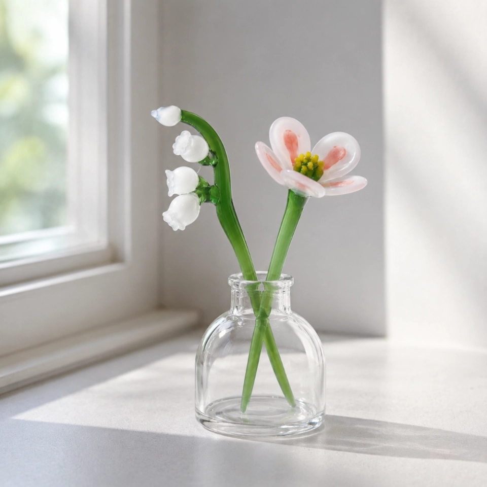 Mini May Glass Flower Vase – Handmade Camellia & Lily of the Valley, 3-Piece Set (7)