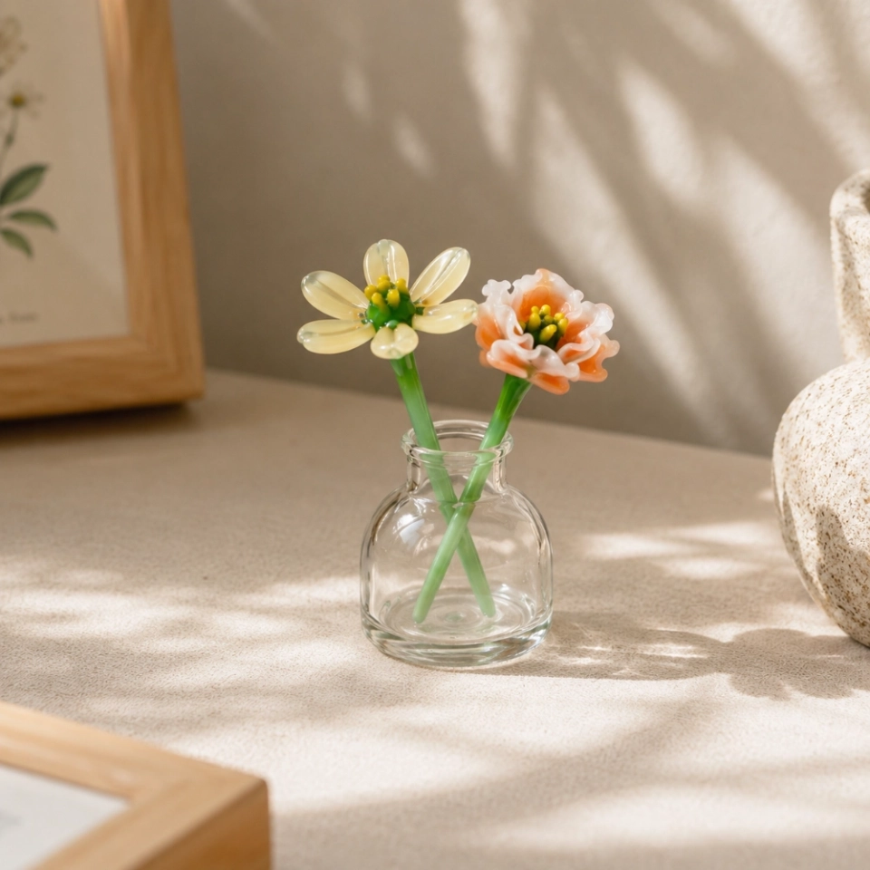 Mini November Chrysanthemum & Peony Glass Vase – Handmade 3-Piece Keepsake (4) Mini November Chrysanthemum & Peony Glass Vase – Handmade 3-Piece Keepsake (4)