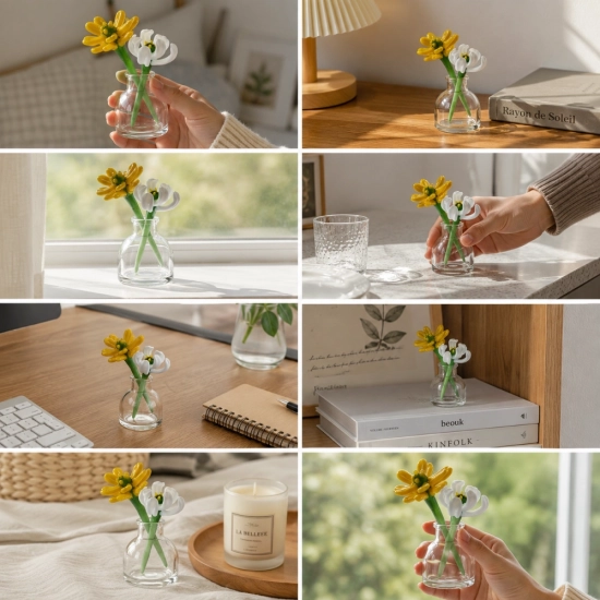 Mini October Marigold & White Cosmos Vase Arrangement – Handmade 3-Piece Set
