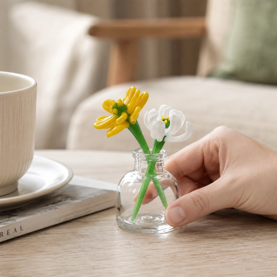 Mini October Marigold & White Cosmos Vase Arrangement – Handmade 3-Piece Set (2) Mini October Marigold & White Cosmos Vase Arrangement – Handmade 3-Piece Set (2)