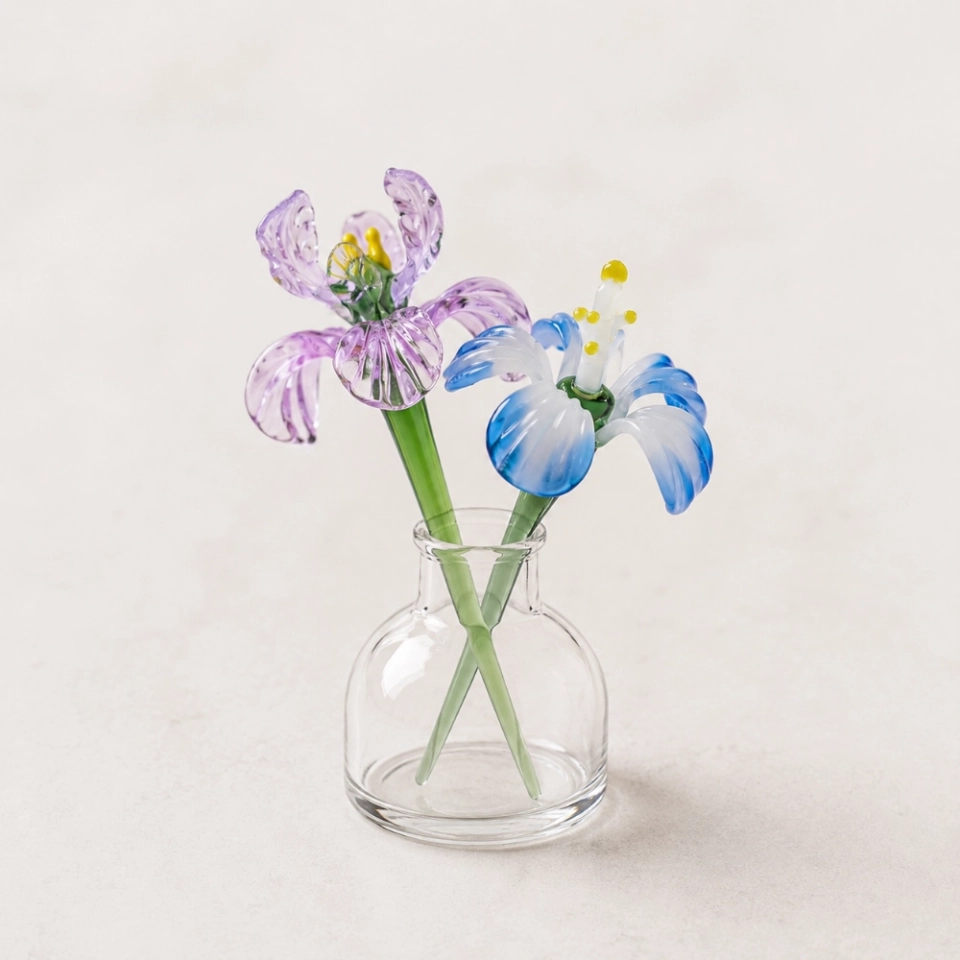 Mini Handmade Glass Violet & Iris Vase for February Birthdays – 3-Piece Set Mini Handmade Glass Violet & Iris Vase for February Birthdays – 3-Piece Set