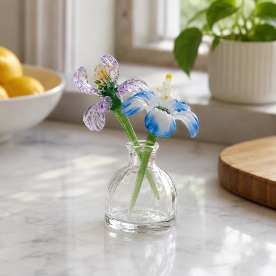 Mini Handmade Glass Violet & Iris Vase for February Birthdays – 3-Piece Set (3) Mini Handmade Glass Violet & Iris Vase for February Birthdays – 3-Piece Set (3)