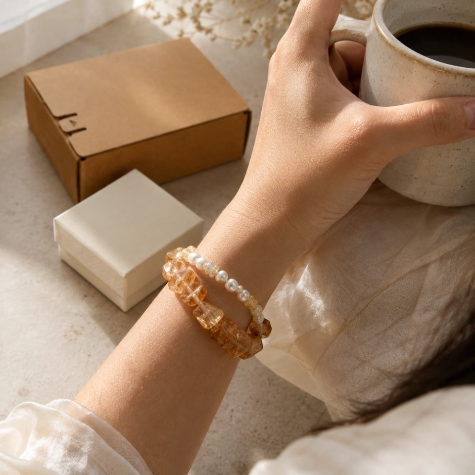 November Sunlit Grace Birthstone Bracelet – Brazilian Citrine, Freshwater Pearl & Citrine Chip Gift for Her (8)