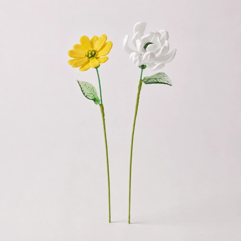 October Birth Flower Handmade Glass Marigold & White Cosmos Set – 2-Stem Birthday Gift (4)