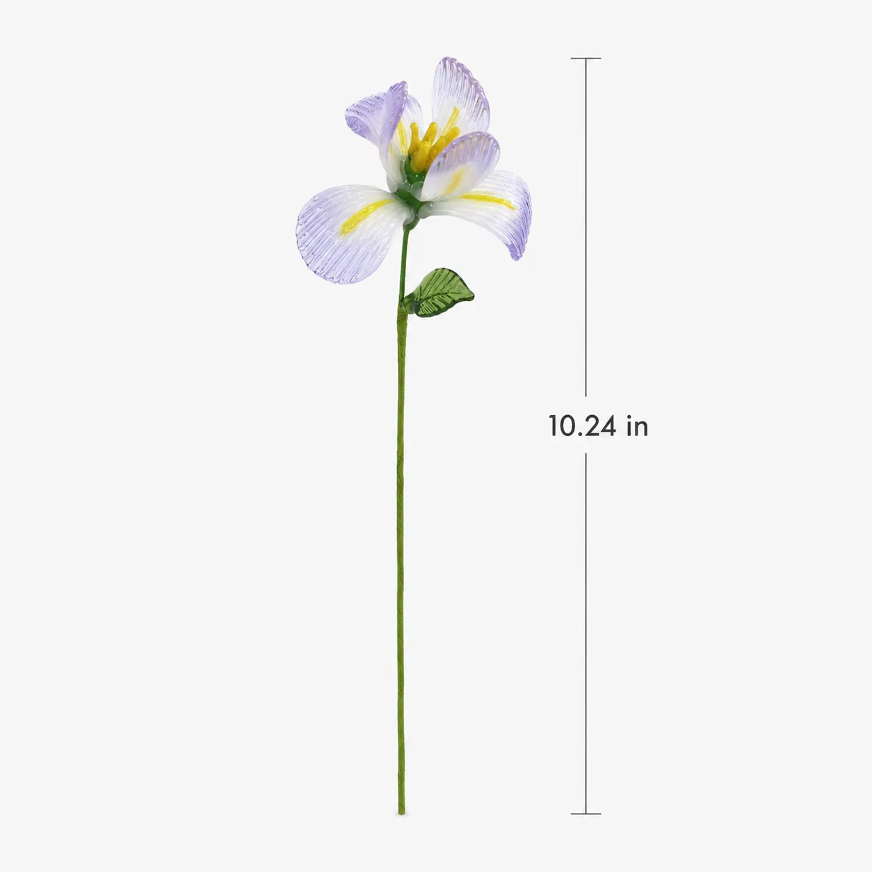 Handmade glass iris flower size guide showing 1024 inch total height Handmade glass iris flower size guide showing 1024 inch total height