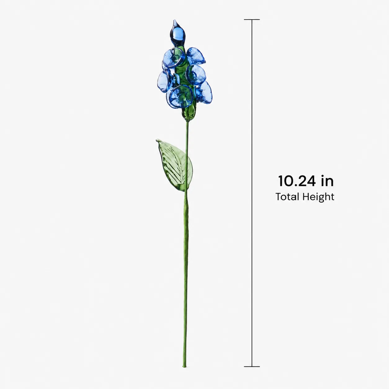 Handmade glass blue delphinium flower with translucent blue blooms and green stem Handmade glass blue delphinium flower with translucent blue blooms and green stem