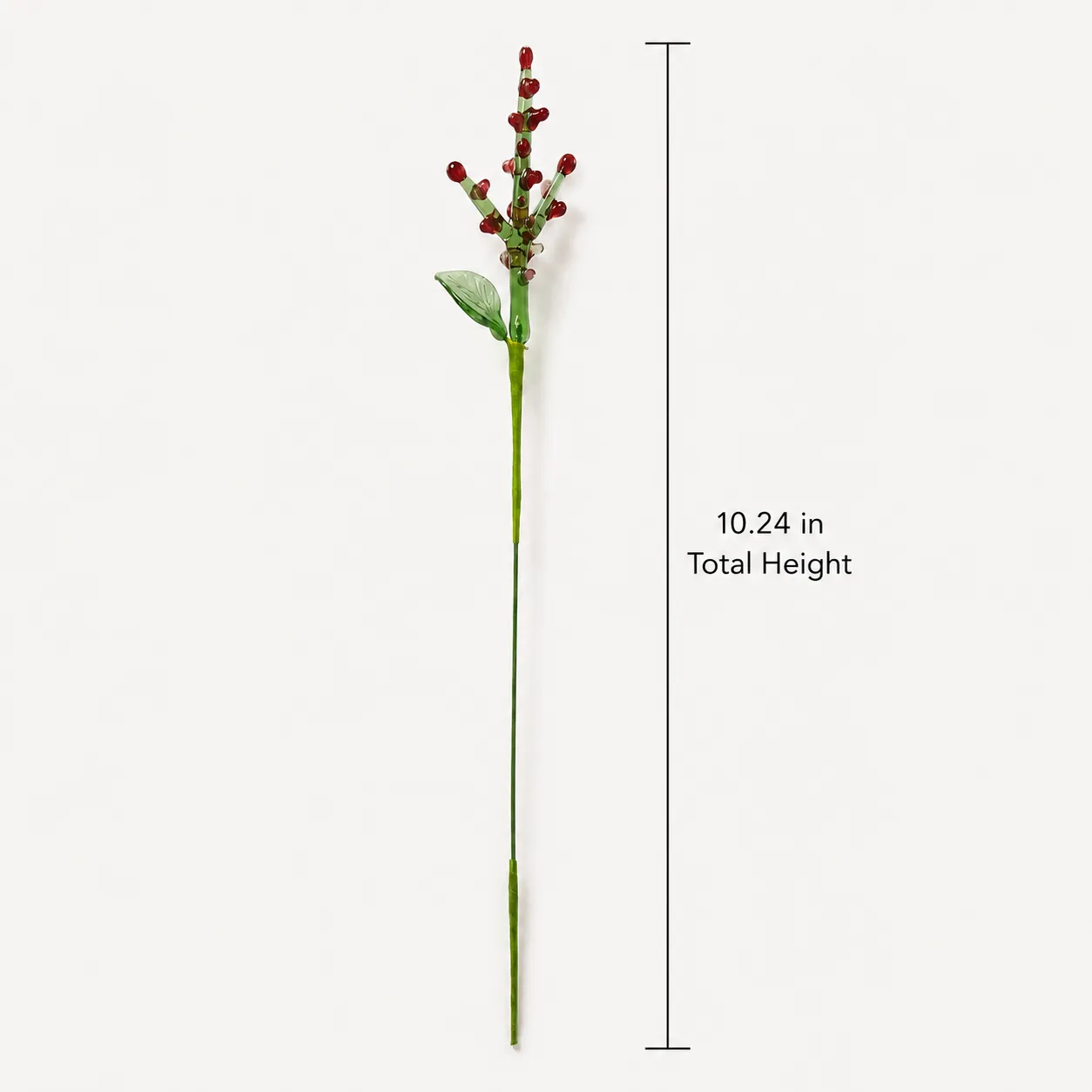 Size reference image of handmade glass holly berry stem marked 1024 in total height Size reference image of handmade glass holly berry stem marked 1024 in total height