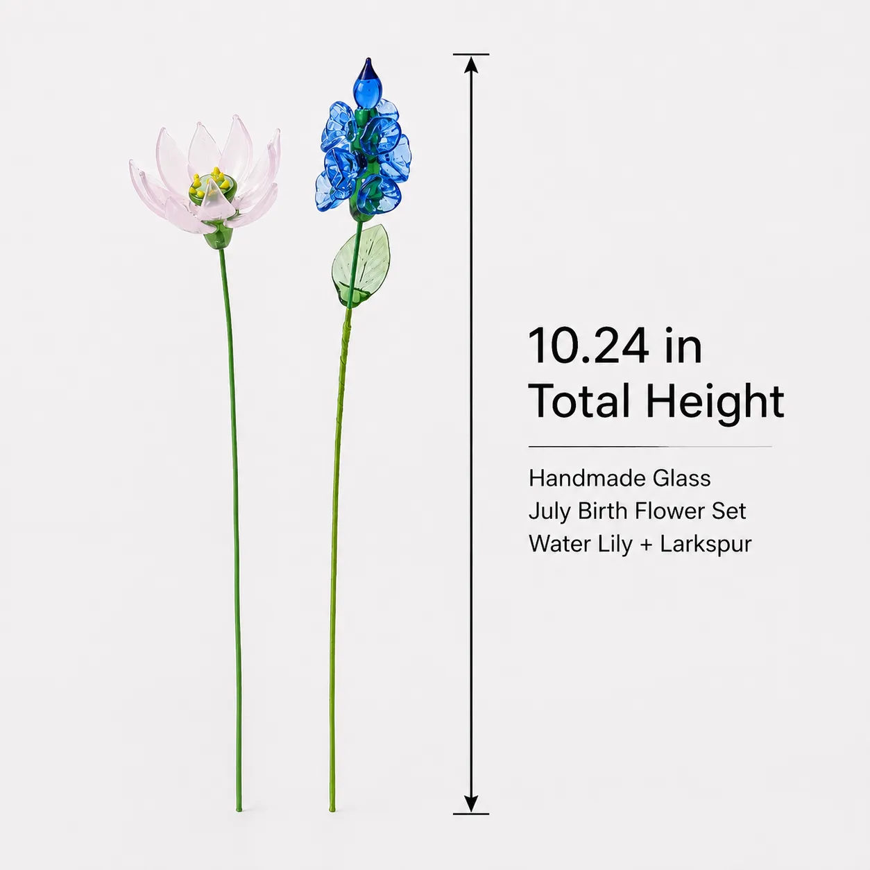 Size guide for two handmade glass July birth flower stems showing a total height of 1024 inches Size guide for two handmade glass July birth flower stems showing a total height of 1024 inches