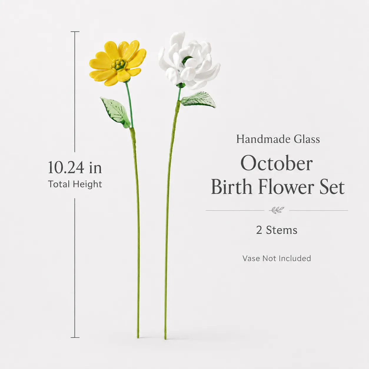 Size guide for two handmade glass October flower stems measuring 1024 inches tall Size guide for two handmade glass October flower stems measuring 1024 inches tall