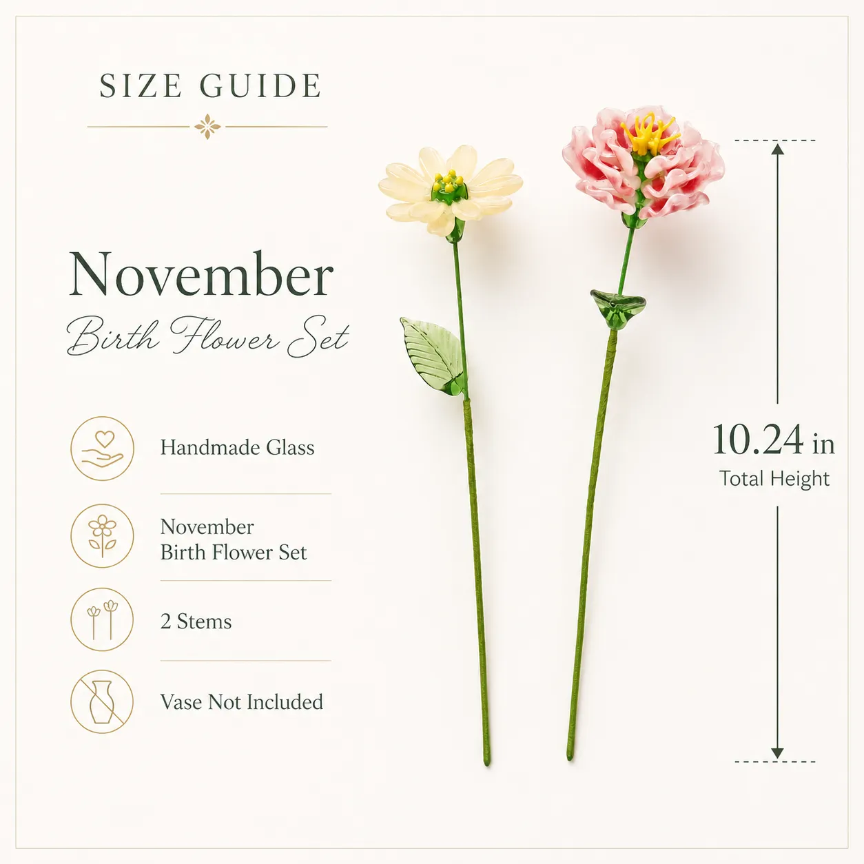 Size guide for two handmade glass November flower stems measuring 1024 inches tall Size guide for two handmade glass November flower stems measuring 1024 inches tall