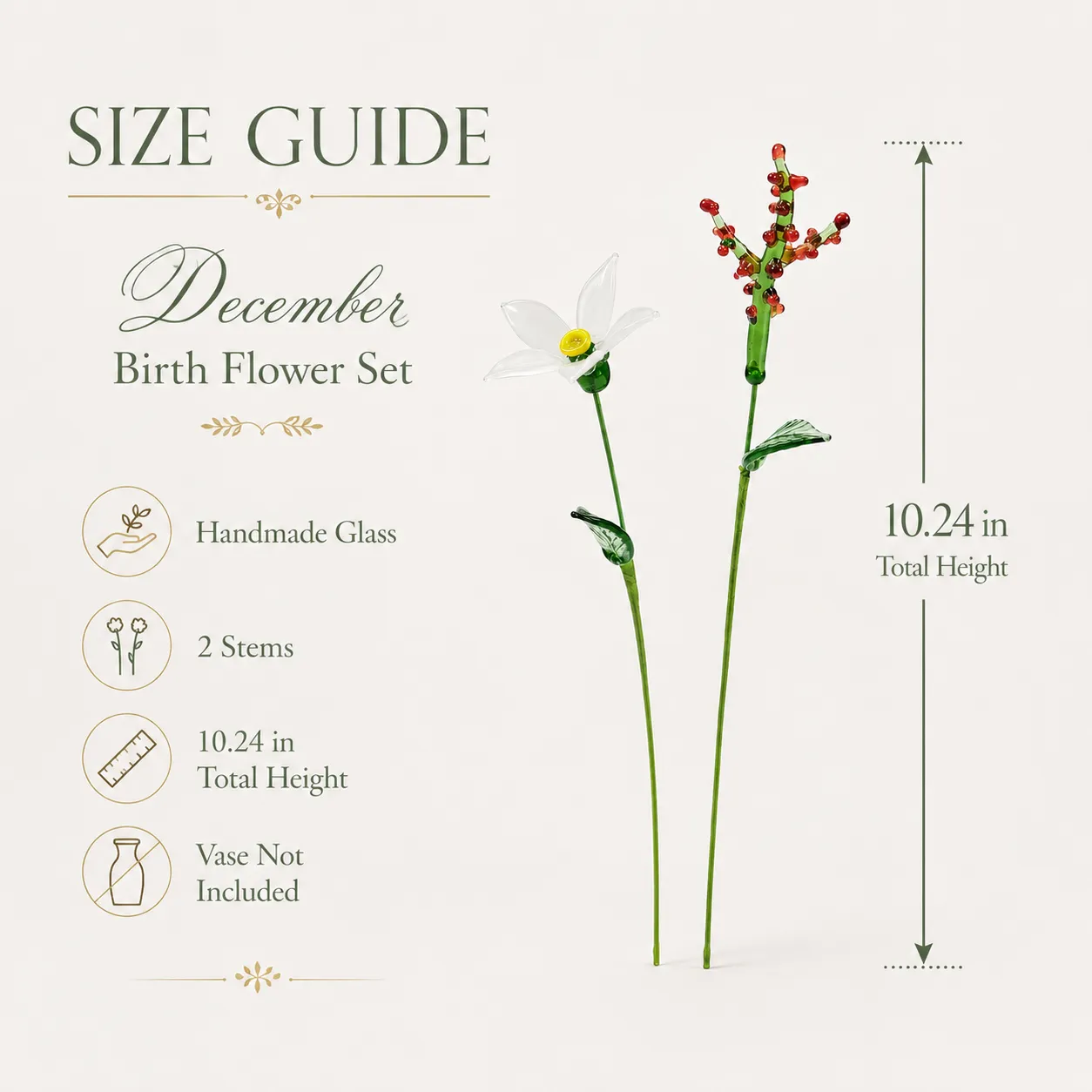 Size guide for two handmade glass December flower stems measuring 1024 inches tall Size guide for two handmade glass December flower stems measuring 1024 inches tall