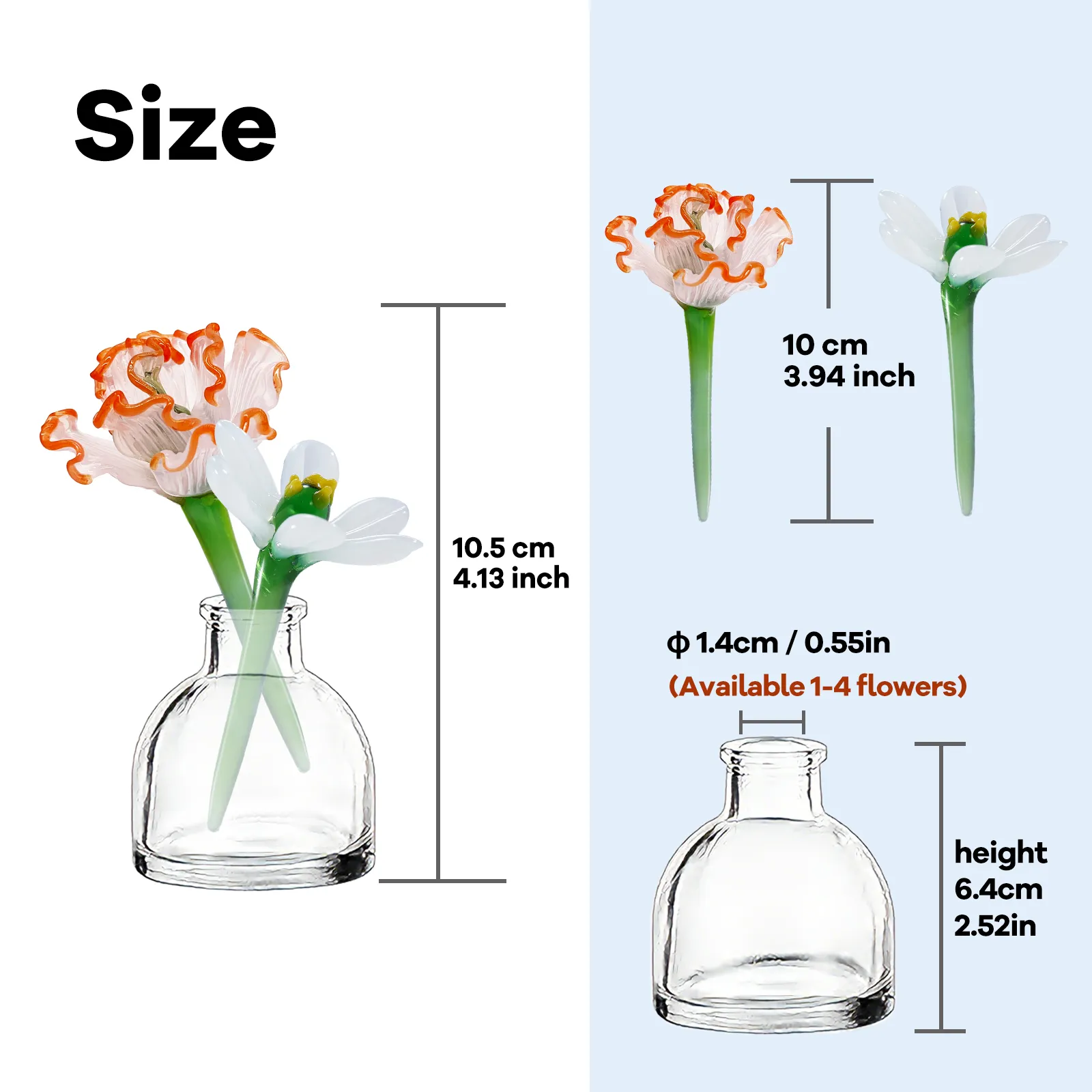 Small carnation and snowdrop glass arrangement displayed beside a candle and hardcover book
