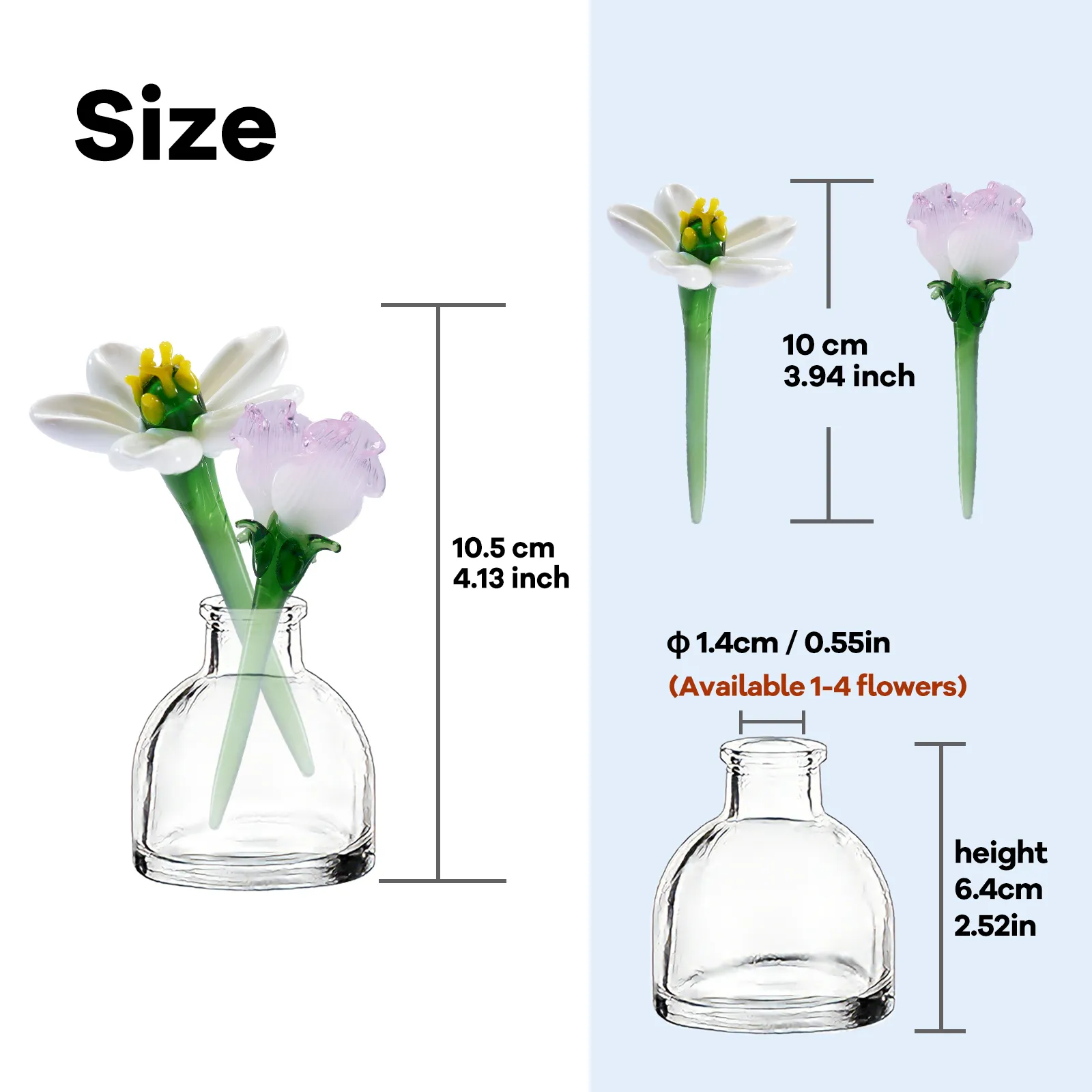 Size guide for two 394 inch mini glass flowers with a 252 inch clear vase Size guide for two 394 inch mini glass flowers with a 252 inch clear vase