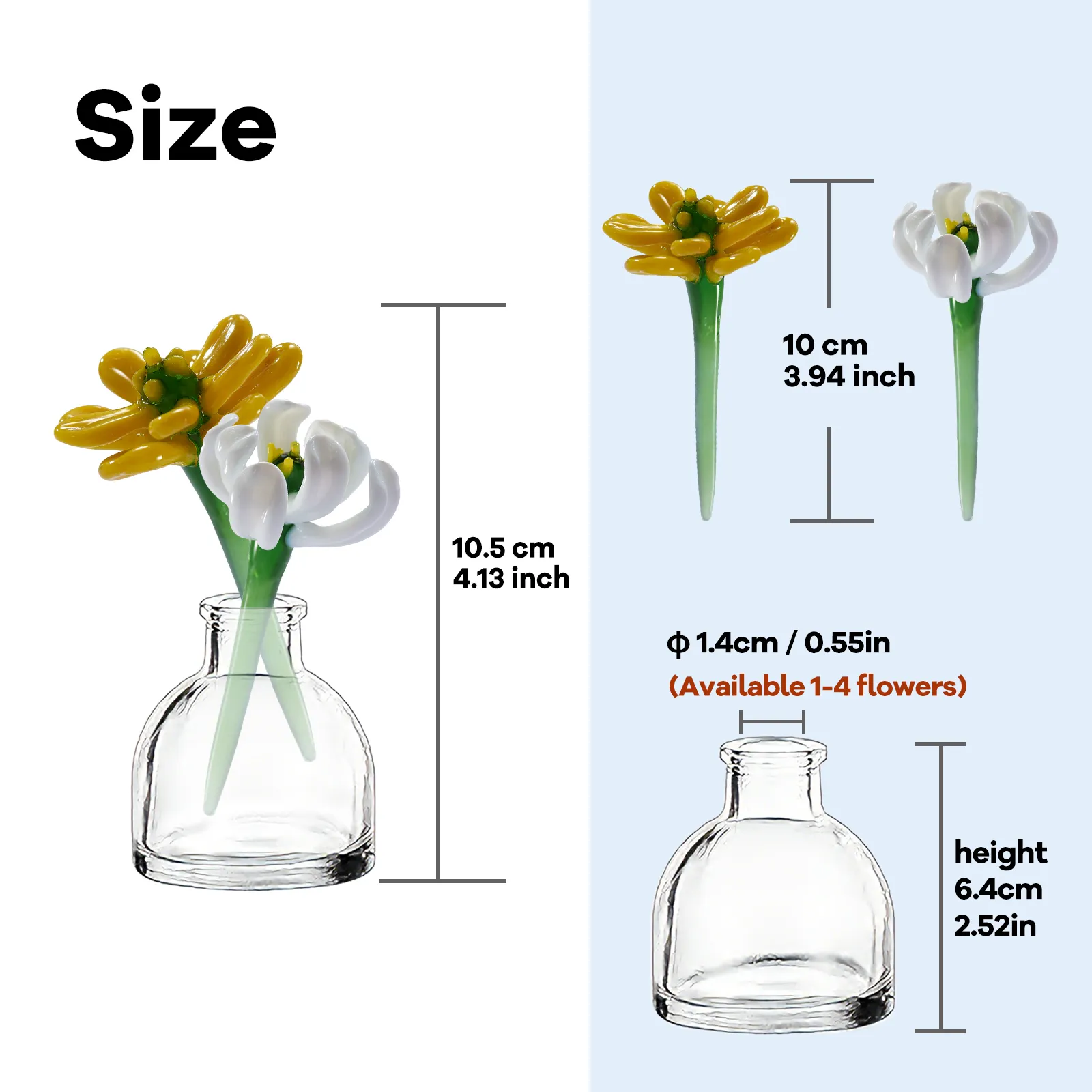 Hand placing a mini marigold and cosmos glass vase on a wooden table beside a cup and magazine Hand placing a mini marigold and cosmos glass vase on a wooden table beside a cup and magazine