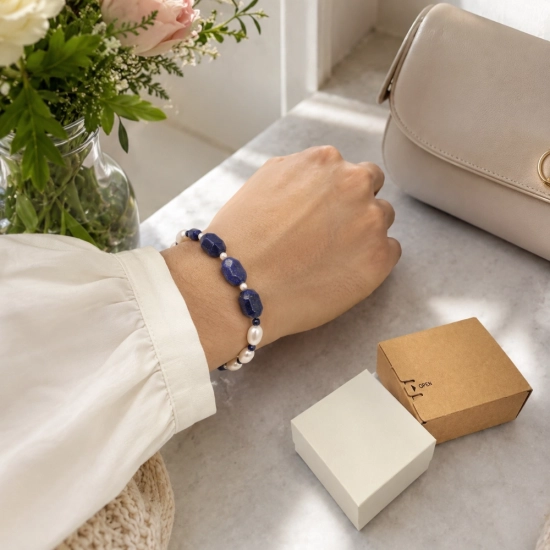 September Celestial Lapis Birth Month Bracelet – Lapis Lazuli, Freshwater Pearl & Blue Bead Gift for Her