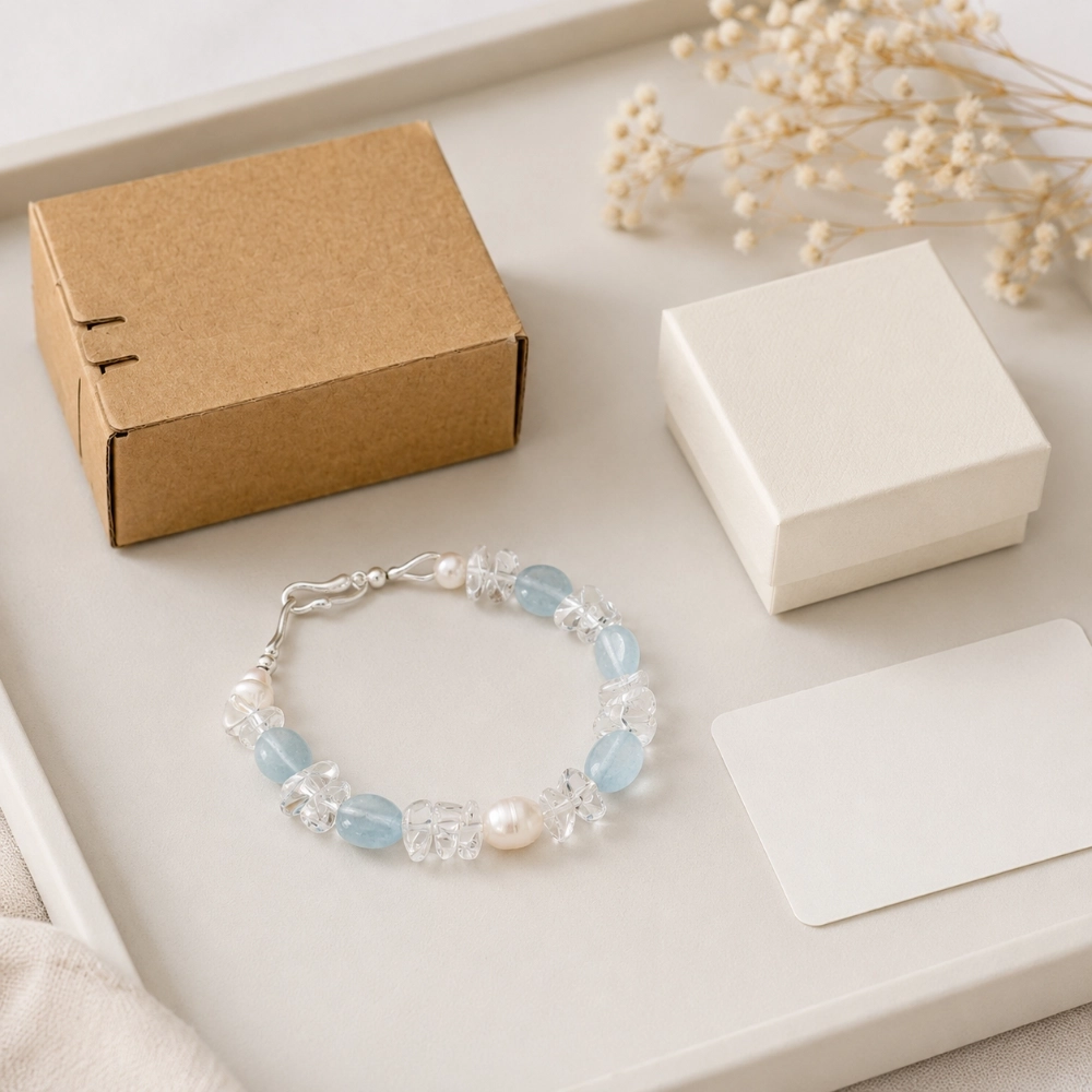 Serene Aqua Tide March Birthstone Bracelet with Aquamarine, Clear Quartz, Freshwater Pearls & S925 Silver