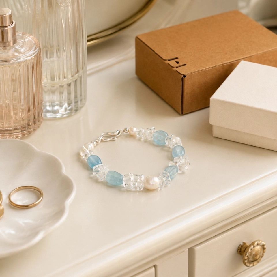 Serene Aqua Tide March Birthstone Bracelet with Aquamarine, Clear Quartz, Freshwater Pearls & S925 Silver (5) Serene Aqua Tide March Birthstone Bracelet with Aquamarine, Clear Quartz, Freshwater Pearls & S925 Silver (5)