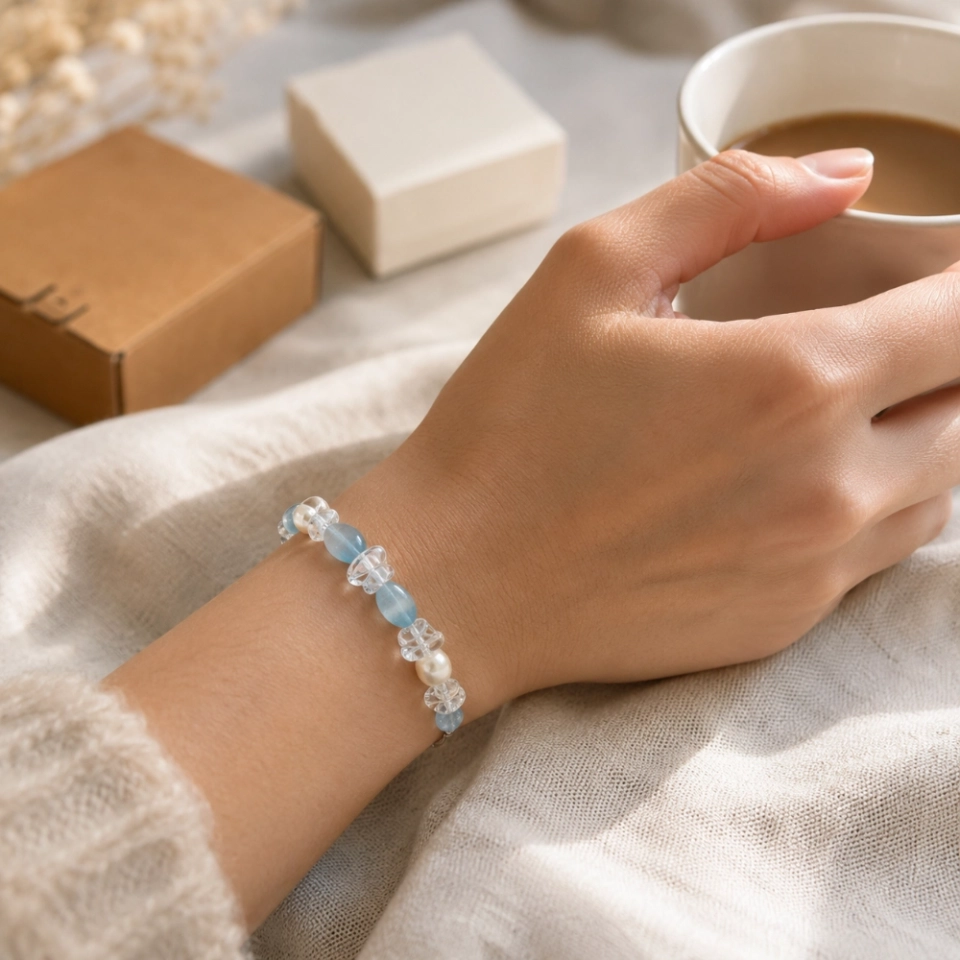 Serene Aqua Tide March Birthstone Bracelet with Aquamarine, Clear Quartz, Freshwater Pearls & S925 Silver (8) Serene Aqua Tide March Birthstone Bracelet with Aquamarine, Clear Quartz, Freshwater Pearls & S925 Silver (8)