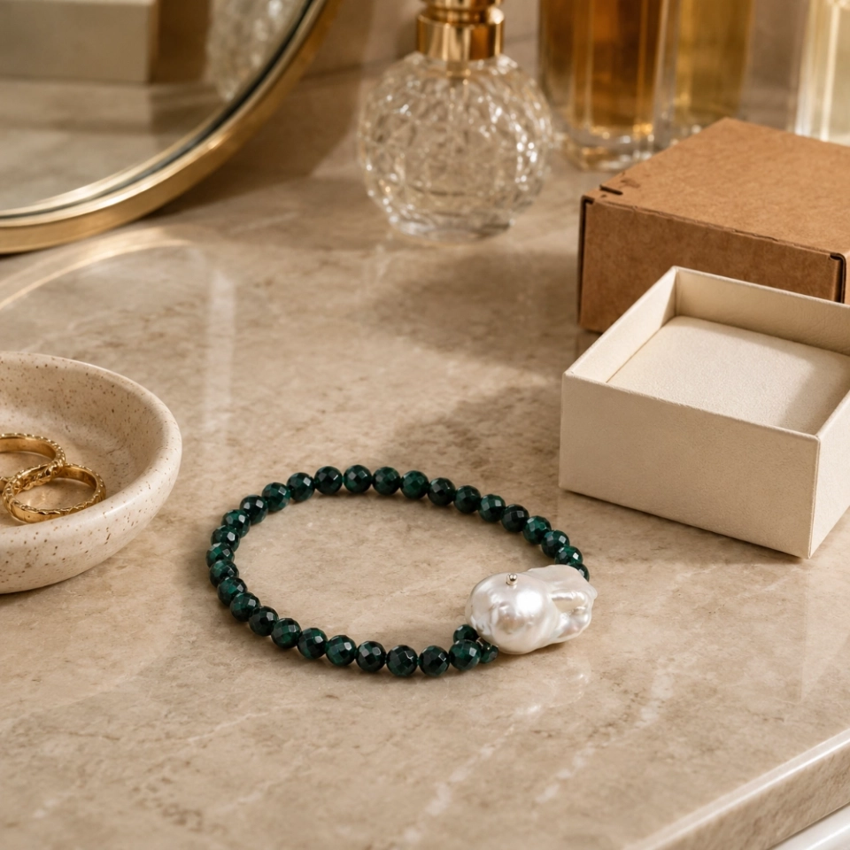 Verdant Baroque May Birth Month Bracelet with Faceted Malachite, Baroque Pearl & S925 Silver (8)