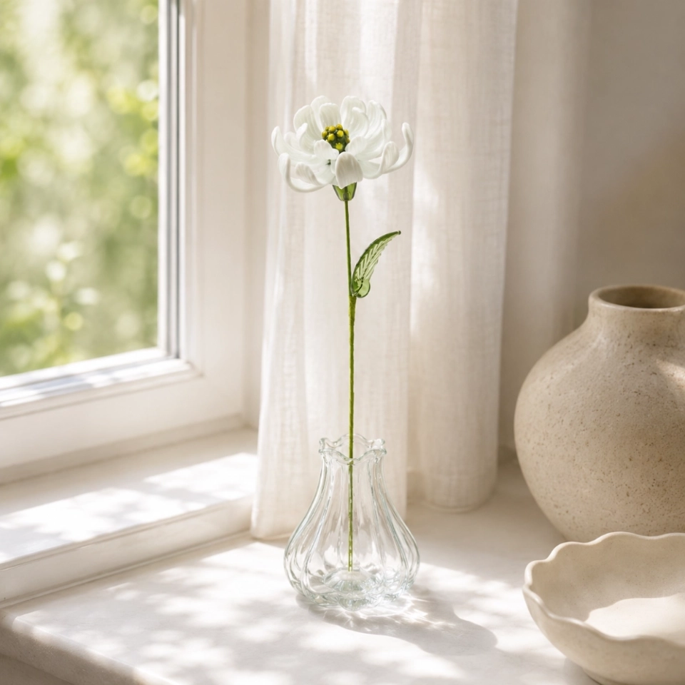 White Cosmos & Marigold-Inspired Handmade Glass Flower, Single Stem Forever Flower Gift (5) White Cosmos & Marigold-Inspired Handmade Glass Flower, Single Stem Forever Flower Gift (5)